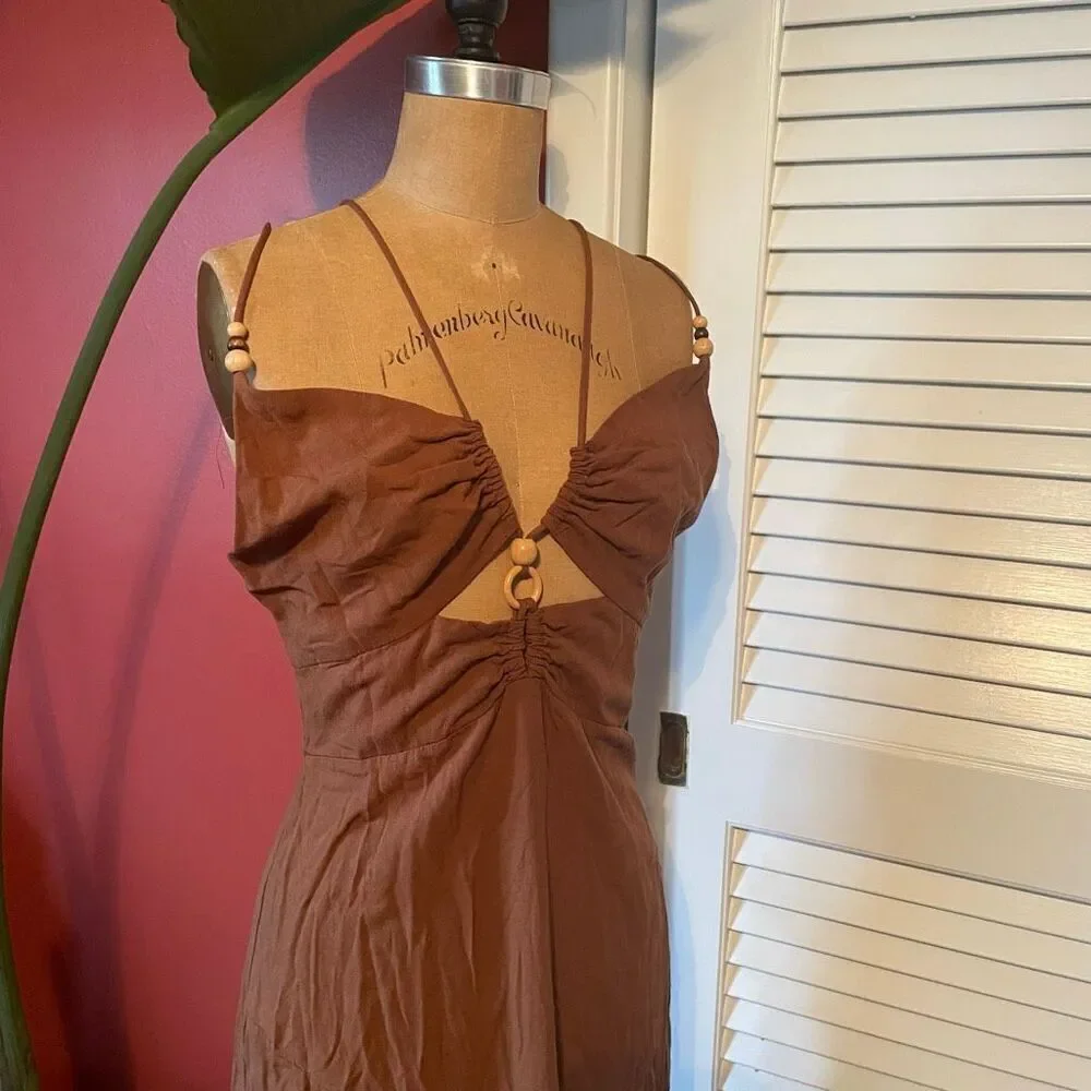 ZARA | brown rustic slip linen blend dress L